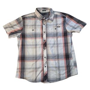 Eddie Bauer Men's Red and Grey Plaid Button Down Shirt